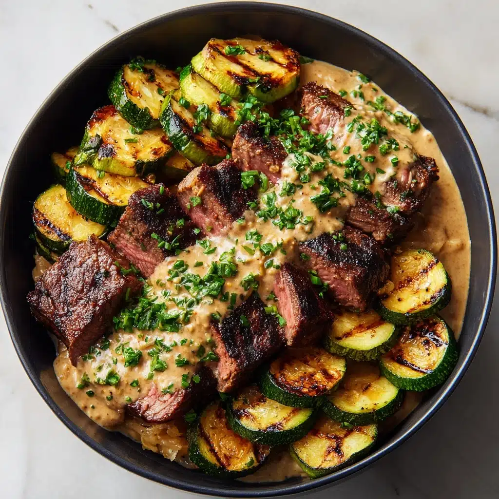 Grilled Steak Bowl with Creamy Sauce & Grilled Zucchini Recipe - Recipe Image