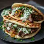 Cheesy Beef and Mushroom Pita Pockets with Tzatziki Sauce Recipe