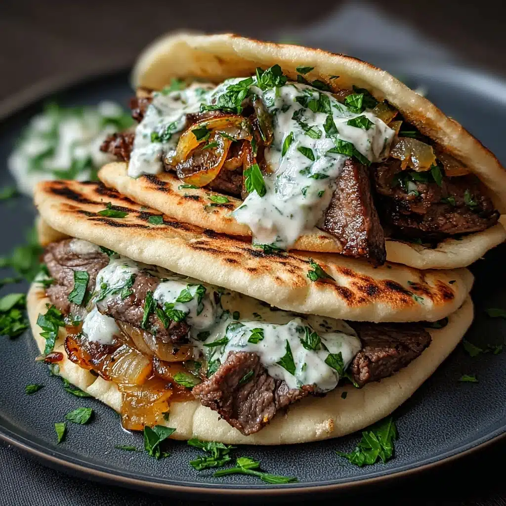 Cheesy Beef and Mushroom Pita Pockets with Tzatziki Sauce Recipe - Recipe Image