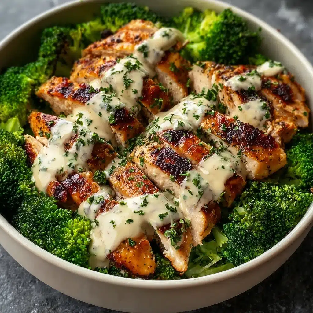 Grilled Chicken & Broccoli Bowls with Creamy Garlic Sauce Recipe - Recipe Image