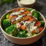 Grilled Chicken & Broccoli Bowls with Creamy Garlic Sauce Recipe