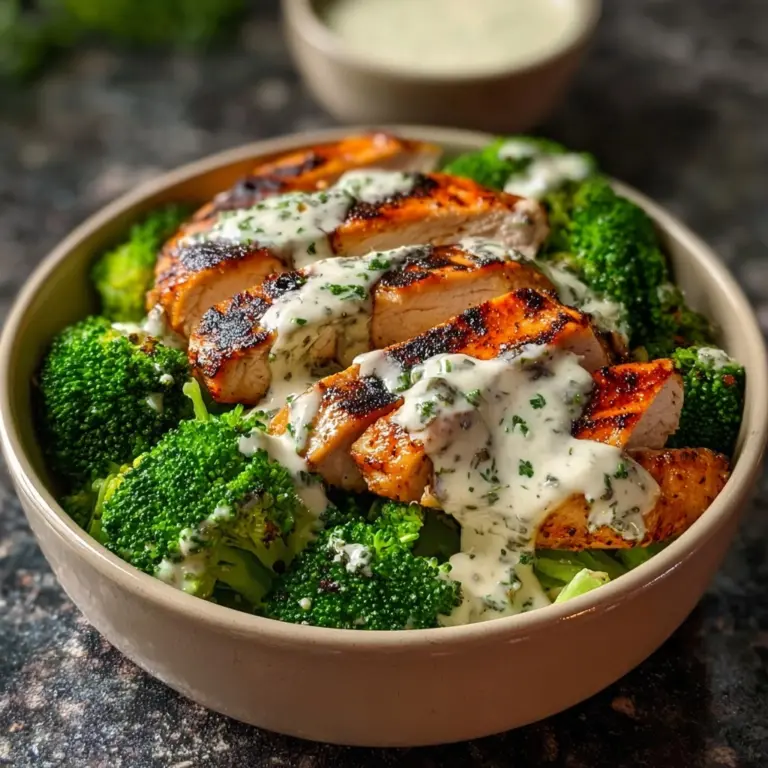 Grilled Chicken & Broccoli Bowls with Creamy Garlic Sauce Recipe