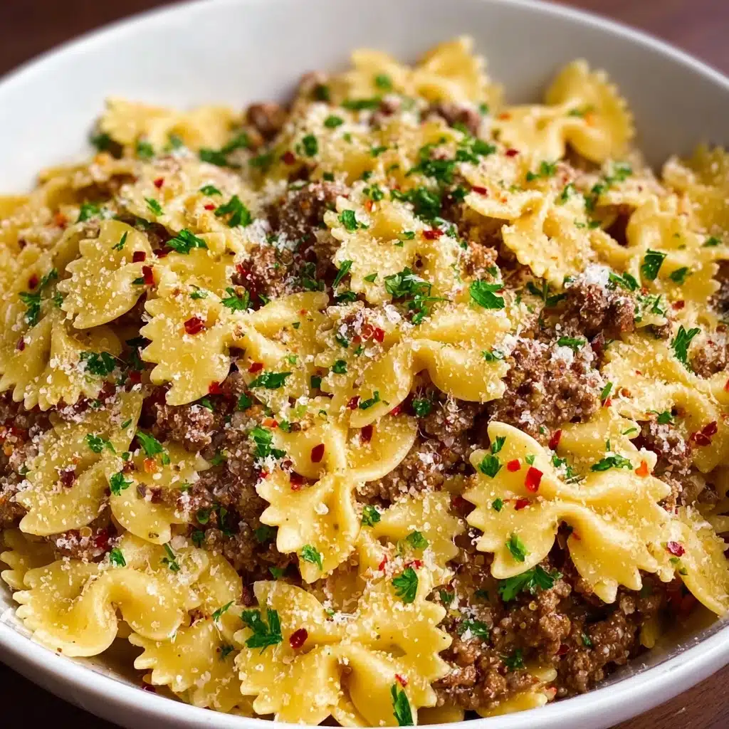 Garlic Butter Bowtie Pasta with Ground Beef Recipe - Recipe Image