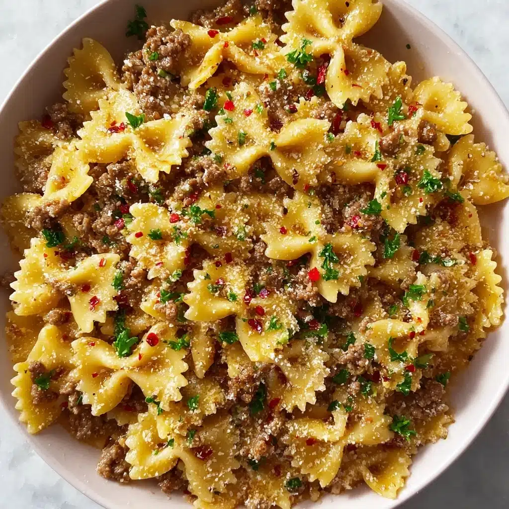Garlic Butter Bowtie Pasta with Ground Beef Recipe - Recipe Image