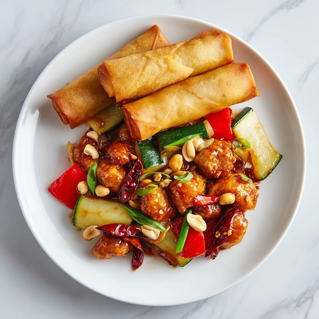 The dish shows two golden brown, crispy spring rolls placed near the top edge of a white plate, with a glossy stir-fry filling covering the bottom half. The stir-fry contains shiny brown pieces of chicken coated in sauce, mixed with bright red bell pepper chunks, green zucchini slices, creamy white peanuts, translucent onion bits, and whole dried red chilies, all resting on a white marbled surface. Photo taken with an iphone --ar 4:5 --v 7