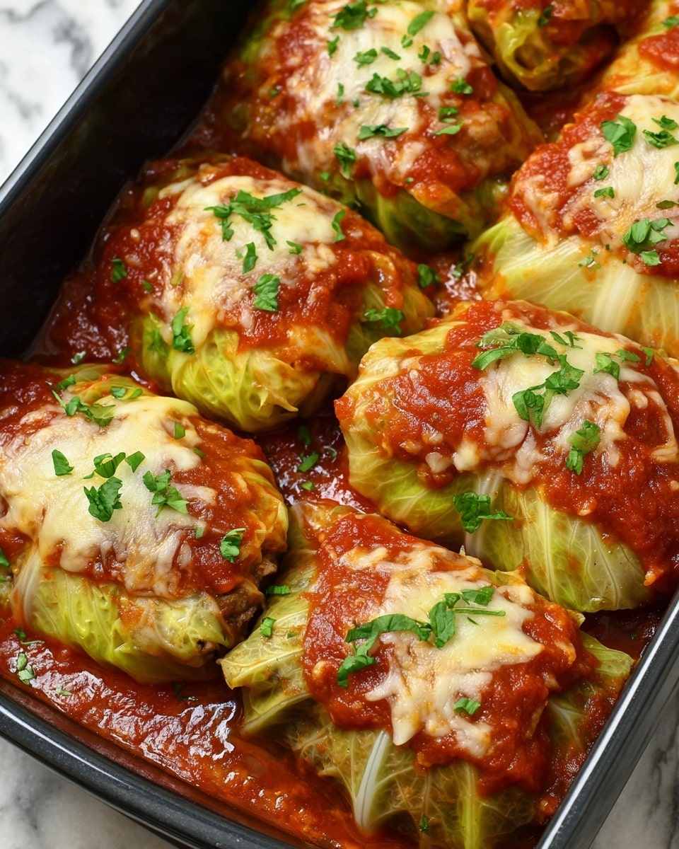 The image shows a black baking tray filled with several cabbage rolls, each wrapped in thick, pale green cabbage leaves, tightly folded into a round shape with visible veins and texture. On top of each roll is a generous layer of bright red tomato sauce, slightly chunky and glossy, covering the rolls fully and pooling around them. Melted golden cheese with a slightly browned crust is spread unevenly over the sauce on each roll. Bright green chopped herbs are scattered on top, adding a fresh contrast. The tray sits on a white marbled surface, and the scene shows the dish close up, focusing on the vibrant colors and textures of the cabbage rolls and sauce. Photo taken with an iphone --ar 4:5 --v 7