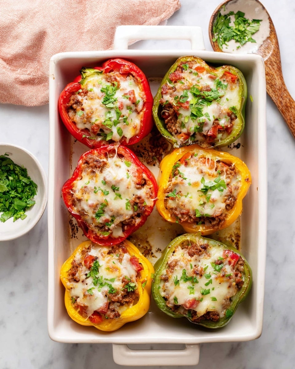 A white baking dish holds six stuffed bell pepper halves arranged in two rows of three. Each pepper half is either red, green, or yellow with a slightly roasted edge. They are filled with browned ground meat mixed with bits of red tomato, topped with melted, slightly browned white cheese, and sprinkled with chopped green herbs. The peppers sit on a white marbled surface with a light pink cloth partially visible in the top left corner. A small white bowl filled with chopped green herbs and a large serving spoon with a wooden handle are near the dish. Photo taken with an iphone --ar 4:5 --v 7