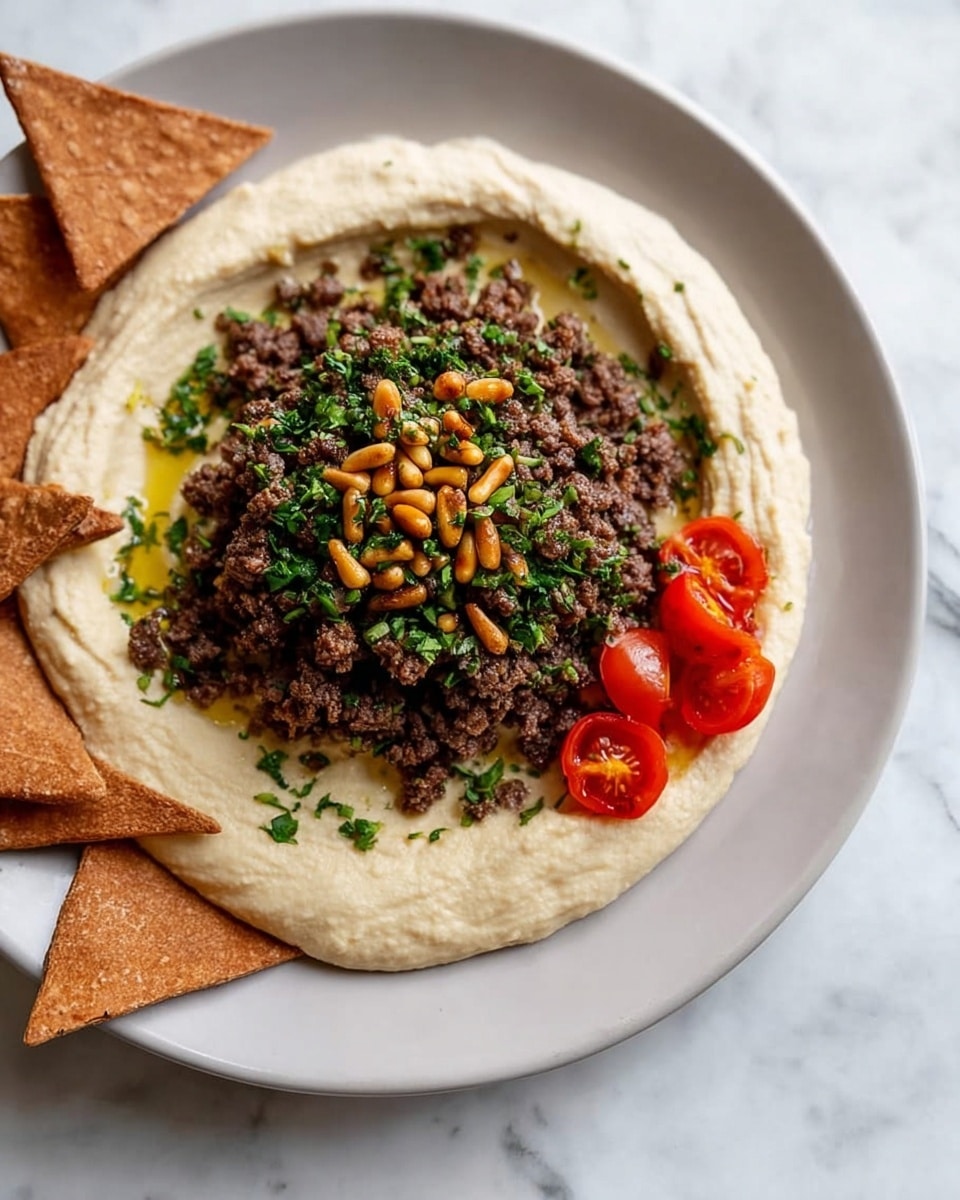 A white plate on a white marbled surface holds a dish with three layers. The bottom layer is a thick, pale cream color with a smooth, creamy texture spread in a circle. On top of that is a generous mound of cooked ground meat, dark brown and crumbly, centered in the middle. Scattered on the meat are golden brown pine nuts and finely chopped green herbs. Three small red tomato wedges are placed on one side of the meat. Nearby on the surface are brown crispy triangular pieces, possibly bread or crackers. photo taken with an iphone --ar 4:5 --v 7