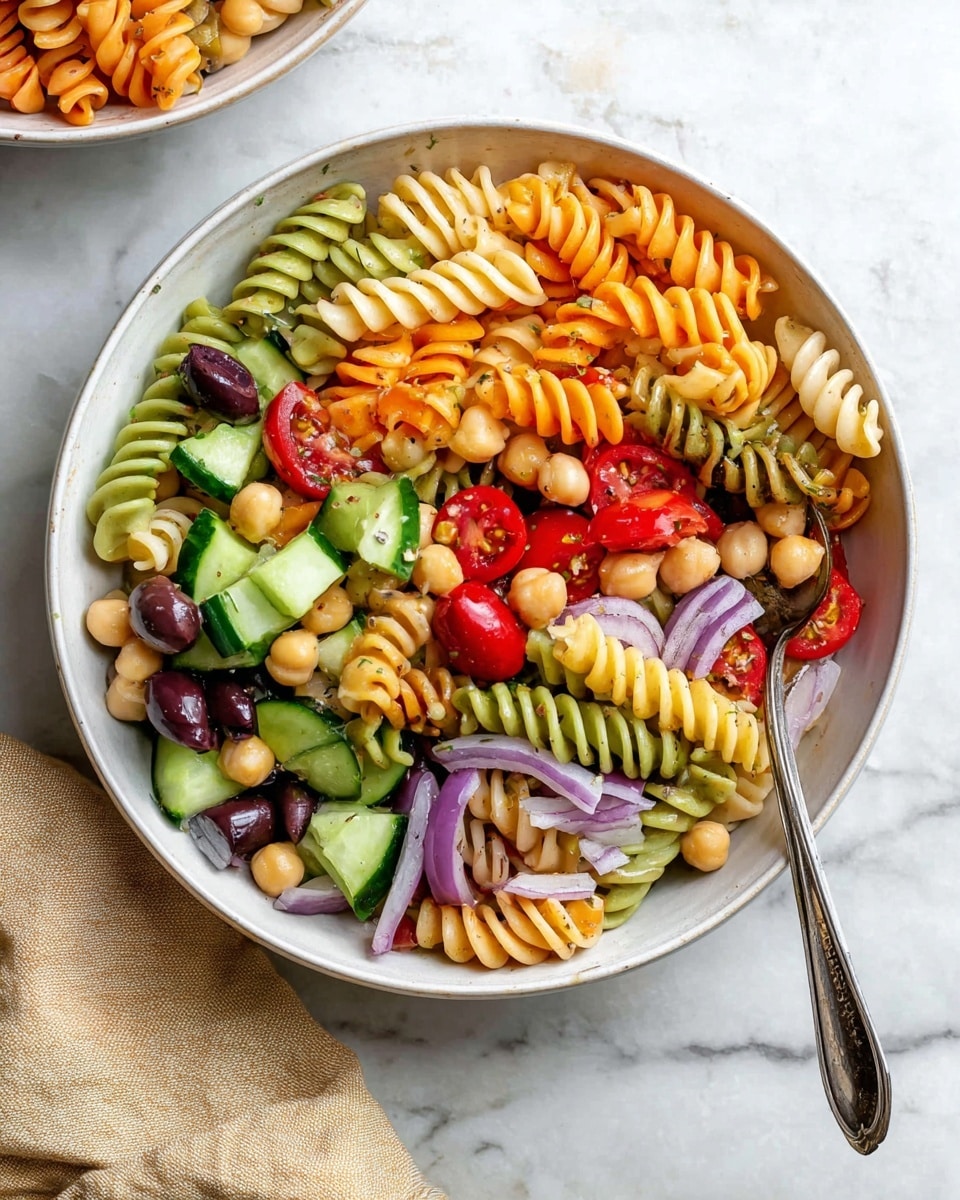 A white bowl filled with colorful rotini pasta in three shades: orange, green, and pale yellow, mixed with layers of halved cherry tomatoes in bright red, sliced green cucumber pieces, chunks of green bell pepper, beige chickpeas, slices of dark purple olives, and small pieces of red onion. The textures vary with the smooth, spiral pasta and soft chickpeas, complemented by the crispness of fresh vegetables. A silver spoon rests inside the bowl, all set on a white marbled surface with a beige cloth partially visible nearby. photo taken with an iphone --ar 4:5 --v 7