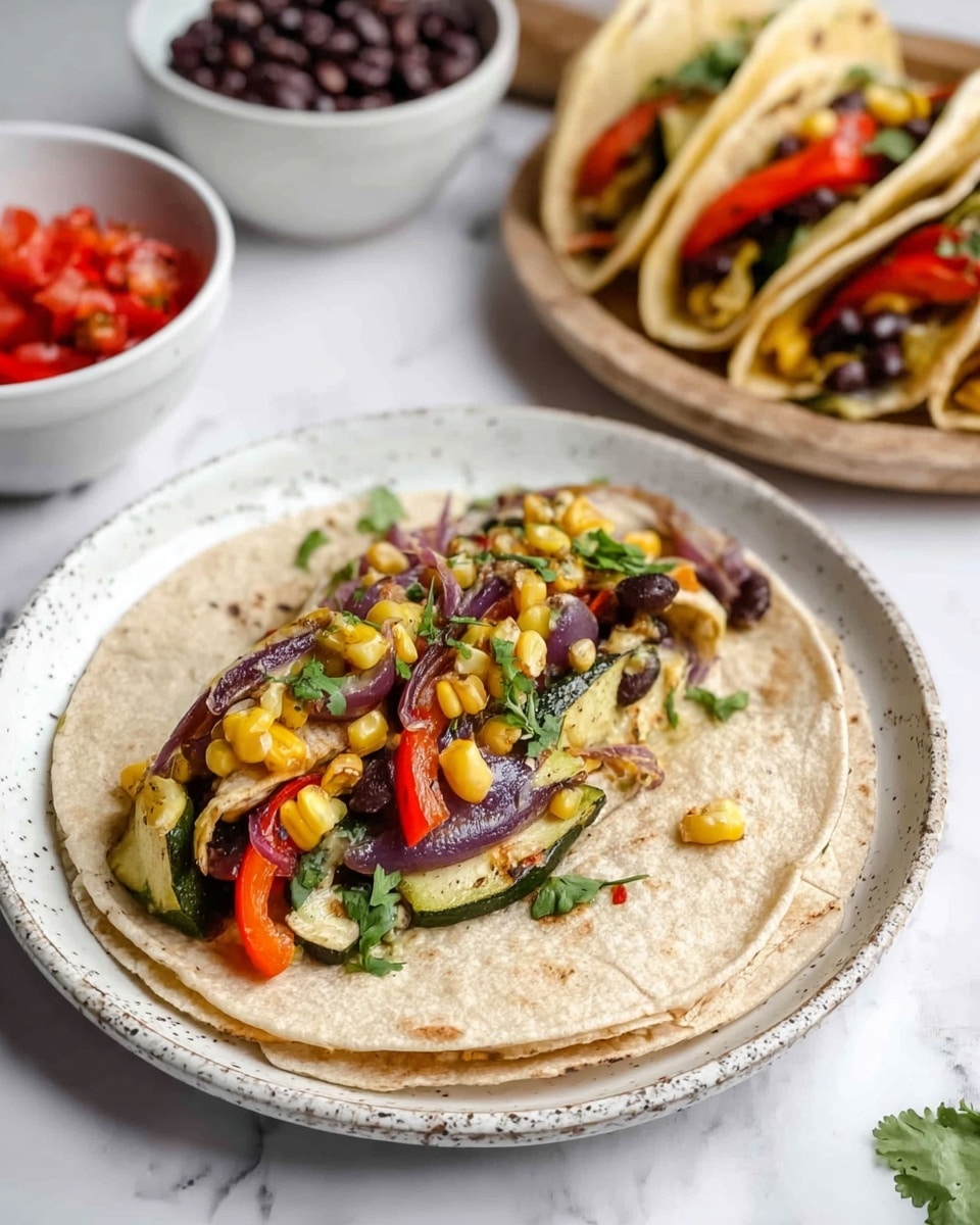 A soft taco shell is filled with layers of colorful grilled vegetables including green zucchini slices, yellow corn kernels, black beans, red bell pepper pieces, and browned red onion strips, all mixed together with some chopped green herbs, held by a person's fingers with a close-up view showing texture and freshness; the taco rests slightly angled over a round white speckled plate on a white marbled surface, surrounded by bowls with black beans, chunky red salsa, and a corn-vegetable mix, creating a fresh and vibrant meal setting. Photo taken with an iphone --ar 4:5 --v 7