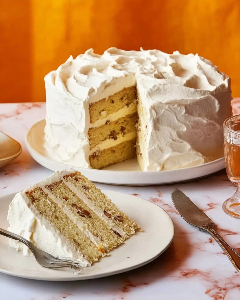 The image shows a round cake with four visible layers on a white plate, sitting on a white marbled surface. The cake has light yellow sponge layers separated by creamy filling with small nut pieces inside. The outside of the cake is covered with thick, fluffy white frosting that is swirled smoothly all around. One slice is cut and placed on a white plate nearby, displaying the layers clearly. Next to the cake are a knife and two forks, along with a dark plate and a glass with amber liquid in the background. photo taken with an iphone --ar 4:5 --v 7