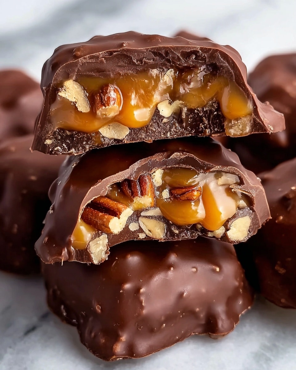 This image shows a stack of dark chocolate-covered clusters with a close-up of one cut in half on top. The cut piece reveals three layers: a smooth, shiny dark chocolate outer shell with a slightly bumpy texture, a middle layer filled with golden caramel that looks sticky and gooey, and an inner layer packed with light brown and cream pecan nut pieces. The clusters are resting on a white marbled surface. The lighting highlights the glossy caramel and the rich texture of the chocolate. Photo taken with an iphone --ar 4:5 --v 7