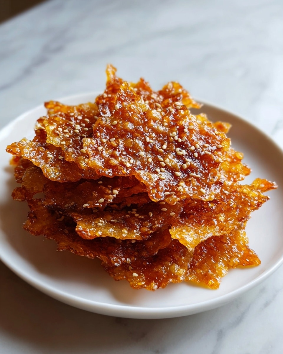 A white plate holds a pile of golden brown, thin, crispy rectangular crisps with a textured surface showing small white sesame seeds embedded throughout. The crisps have a shiny, slightly sticky glaze that gives them an inviting, crunchy look. They layer unevenly, some overlapping others, creating depth and texture. The plate sits on a white marbled surface with soft light coming from a window in the background. photo taken with an iphone --ar 4:5 --v 7