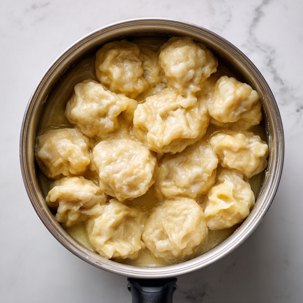 A close-up view of a metal pot filled with soft, pale yellow dumplings cooking in a light, smooth sauce. The dumplings are roughly shaped, with uneven, puffy textures and a slightly glossy surface that shows they are moist and tender. The pot sits on a stove, with the dumplings packed closely together, some slightly overlapping. The background shows a white marbled texture. photo taken with an iphone --ar 4:5 --v 7