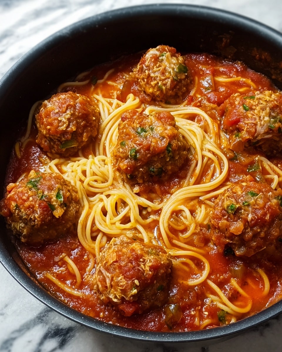 A black bowl filled with spaghetti pasta coated lightly in red tomato sauce, with five large meatballs sitting on top. The meatballs are brown with bits of green herbs sprinkled over them, partially covered in a smooth red sauce. A silver fork is placed inside the bowl, catching some spaghetti. The bowl rests on a white marbled textured surface. Photo taken with an iphone --ar 4:5 --v 7