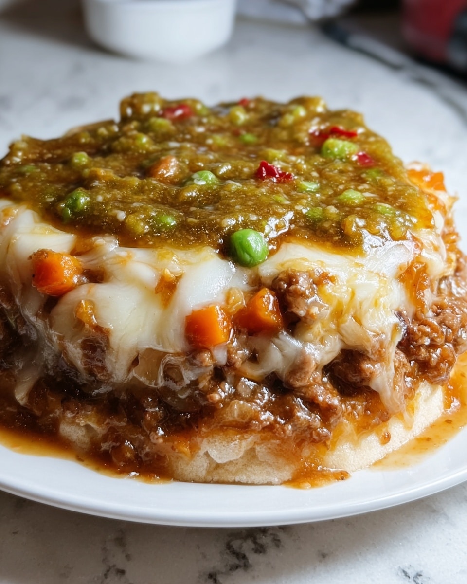 A close-up of a thick, round dish on a white plate sitting on a white marbled surface, showing three clear layers. The bottom layer is a light beige flat bread or crust that looks soft and slightly thick. The middle layer is chunky, with brown ground meat mixed with small, bright orange carrot pieces and a brown sauce that looks moist and rich. The top layer is creamy, melted mixed cheese in white and light orange colors, slightly stretchy and covering the meat fully. Over the cheese is a generous dollop of thick, greenish-brown sauce with a chunky texture, small pieces of green peas and tiny red bits scattered inside it. The whole dish looks warm and hearty. Photo taken with an iphone --ar 4:5 --v 7