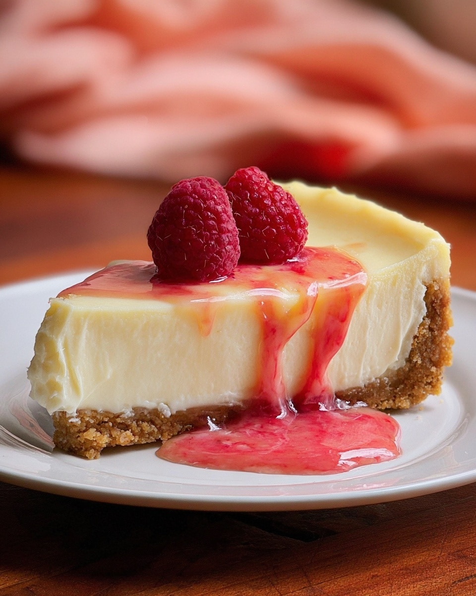 A slice of creamy cheesecake with three visible layers sits on a plain white plate placed on a white marbled texture. The bottom layer is a crumbly, light brown crust. The middle layer is a thick, smooth, pale yellow cream cheese filling with a soft texture. The top layer has a glossy red strawberry sauce drizzled gently over the cream cheese, pooling slightly on the plate. Two bright red raspberries rest on top of the cheesecake, adding a pop of color. The background is blurred with soft warm tones of pink and orange. photo taken with an iphone --ar 4:5 --v 7