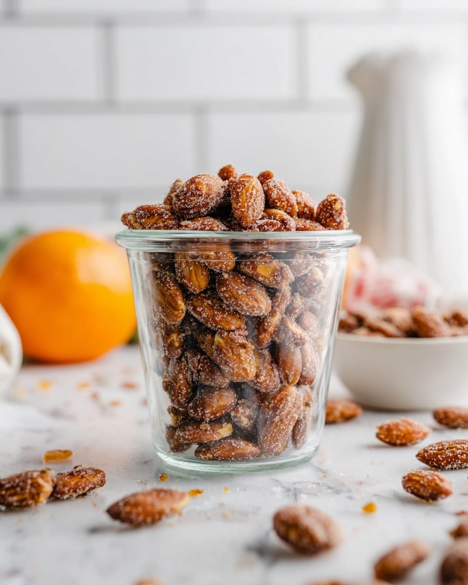 A clear glass jar filled to the top with caramelized almonds shows multiple layers of rough, sugar-coated brown nuts with a crunchy texture. The jar sits on a white marbled surface with small crumbs and whole nuts scattered around its base. In the soft, blurred background, there is a cut orange and a white pitcher against a white tiled wall, creating a clean and fresh kitchen look. photo taken with an iphone --ar 4:5 --v 7