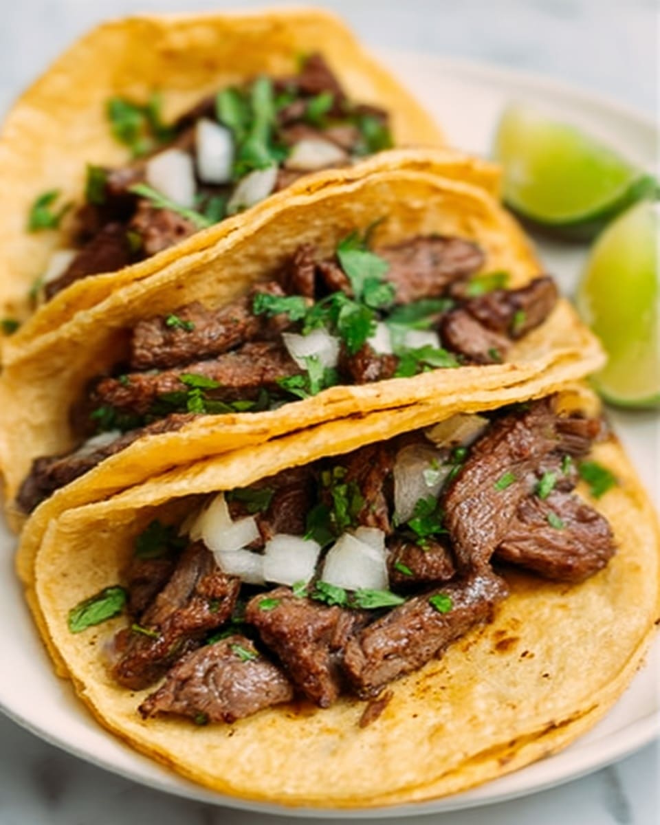 Three small white corn tortillas are each filled with cooked, tender pieces of grilled beef that have a brown, slightly charred texture. On top of the beef, there are small chopped pieces of white onion and fresh green cilantro leaves, scattered evenly over the meat. The tacos are arranged closely, and in the blurred background, there are lime wedges and another tortilla visible on a white marbled surface. The lighting makes the food look fresh and appetizing. Photo taken with an iphone --ar 4:5 --v 7