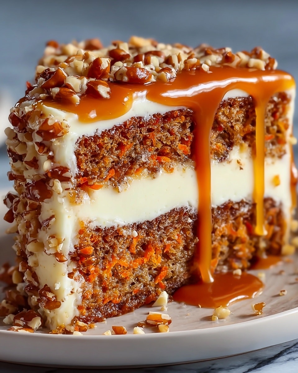 A slice of carrot cake with two layers of dark brown cake filled with visible orange carrot bits and nuts, separated by a thick white cream cheese frosting layer in the middle. The outside is coated with the same white frosting, and the top is covered with a shiny caramel sauce dripping down the sides in thick drips. The sides are decorated with chopped nuts sticking to the frosting. The cake sits on a white plate with a gold rim, placed on a white marbled surface. Photo taken with an iphone --ar 4:5 --v 7