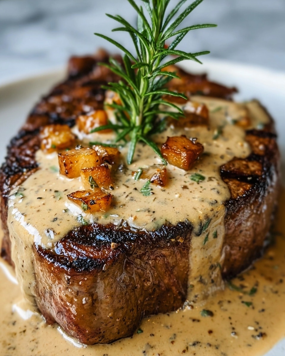 A thick, juicy steak with a dark brown, charred crust sits as the base layer, showing grill marks and a tender, moist texture on the sides. On top, creamy, light beige sauce with specks of herbs and pepper flows slowly down the sides, covering parts of the meat. Scattered on the sauce are small, caramelized golden-brown cubes adding crisp texture. A fresh, bright green sprig of rosemary stands upright, placed centrally on the steak. The whole dish rests on a white plate against a white marbled surface. photo taken with an iphone --ar 4:5 --v 7