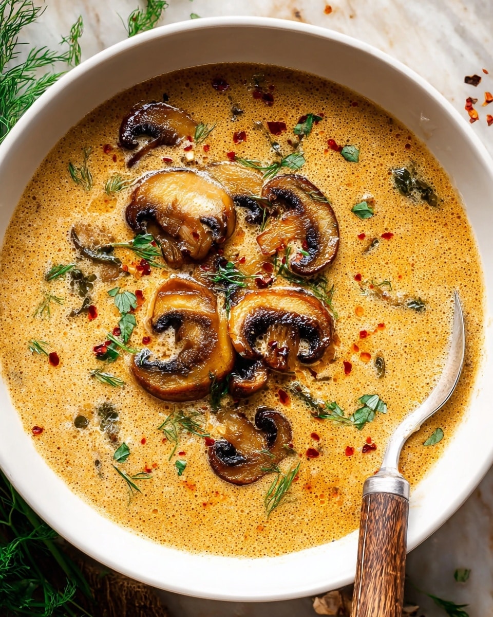Two white bowls filled with creamy golden mushroom soup are placed on a white marbled texture. Each bowl has a thick, smooth orange base soup with specks of green herbs and red spices sprinkled on top. There are several browned, sautéed mushroom slices arranged in the center of the soup with sprigs of fresh green dill and parsley for garnish. Around the bowls are few slices of toasted, light brown bread showing grill marks, white mushrooms scattered nearby, small white bowls containing coarse salt, black pepper, and crushed red pepper flakes, and bunches of fresh green herbs. Two silver spoons with wooden handles rest to the right side of the lower bowl. Photo taken with an iphone --ar 4:5 --v 7