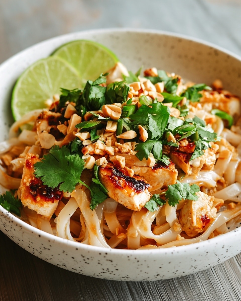 This image shows a black bowl filled with a layered dish starting with flat, shiny light brown noodles at the bottom. On top of the noodles, there are small pieces of grilled chicken that are golden brown with a slightly crispy texture. Scattered among the chicken and noodles are green peas, finely chopped green herbs, and crushed light beige peanuts. Three lime wedges are placed along the back edge inside the bowl adding a fresh green and white contrast. The bowl sits on a dark green cloth over a table with a white marbled texture in the background. photo taken with an iphone --ar 4:5 --v 7