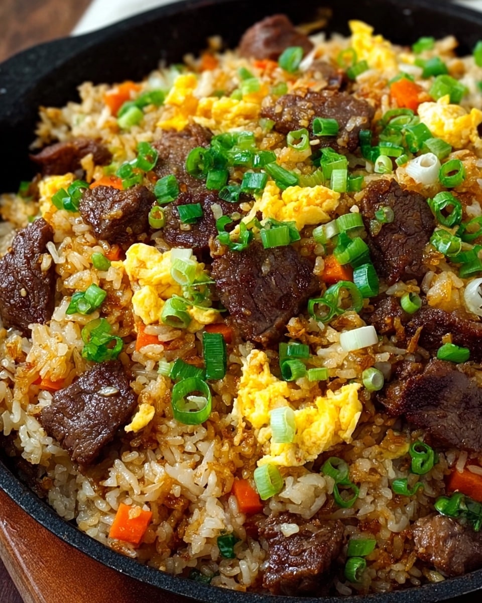 The image shows a close-up of a bowl filled with fried rice that has three main layers: the bottom layer of light brown cooked rice mixed with small pieces of cooked white onions and red chili bits, the middle layer featuring medium-brown cooked beef slices scattered evenly throughout, and the top layer garnished with bright yellow scrambled egg pieces and fresh green chopped scallions and chili slices. The bowl itself is white with a red rim, and the texture of the rice looks soft and slightly oily, with the beef appearing tender and juicy. The background is a white marbled texture. Photo taken with an iphone --ar 4:5 --v 7