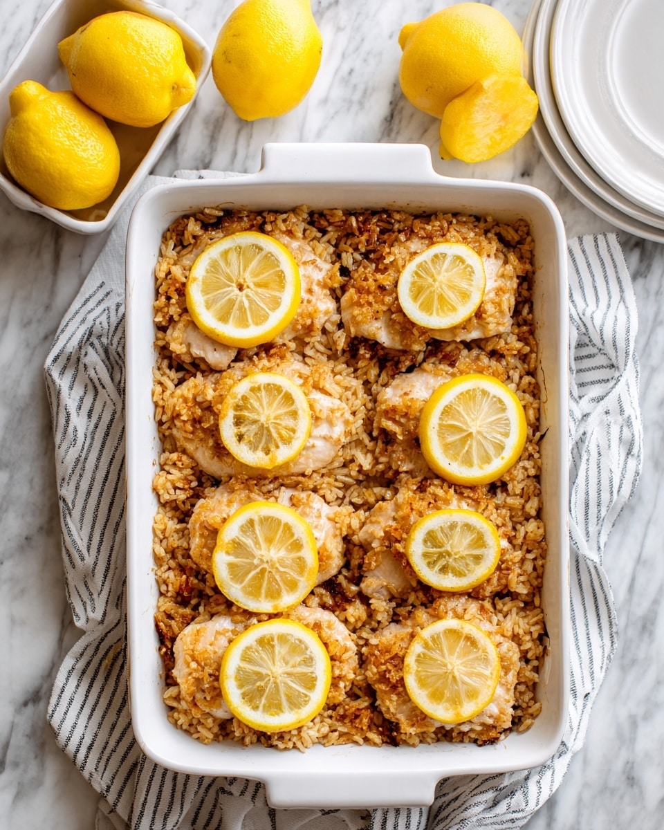 A rectangular white baking dish filled with eight cooked chicken thighs, each topped with a round slice of lemon, arranged in two rows on a bed of golden-brown rice with a crispy texture; one piece is scooped out with a wooden spoon resting in the empty space, showing the cooked rice and moist chicken underneath. A serving of the chicken thigh and rice placed on a white plate next to the dish, also topped with a lemon slice, sits on a white marbled surface along with three whole yellow lemons, creating a fresh and simple look. photo taken with an iphone --ar 4:5 --v 7