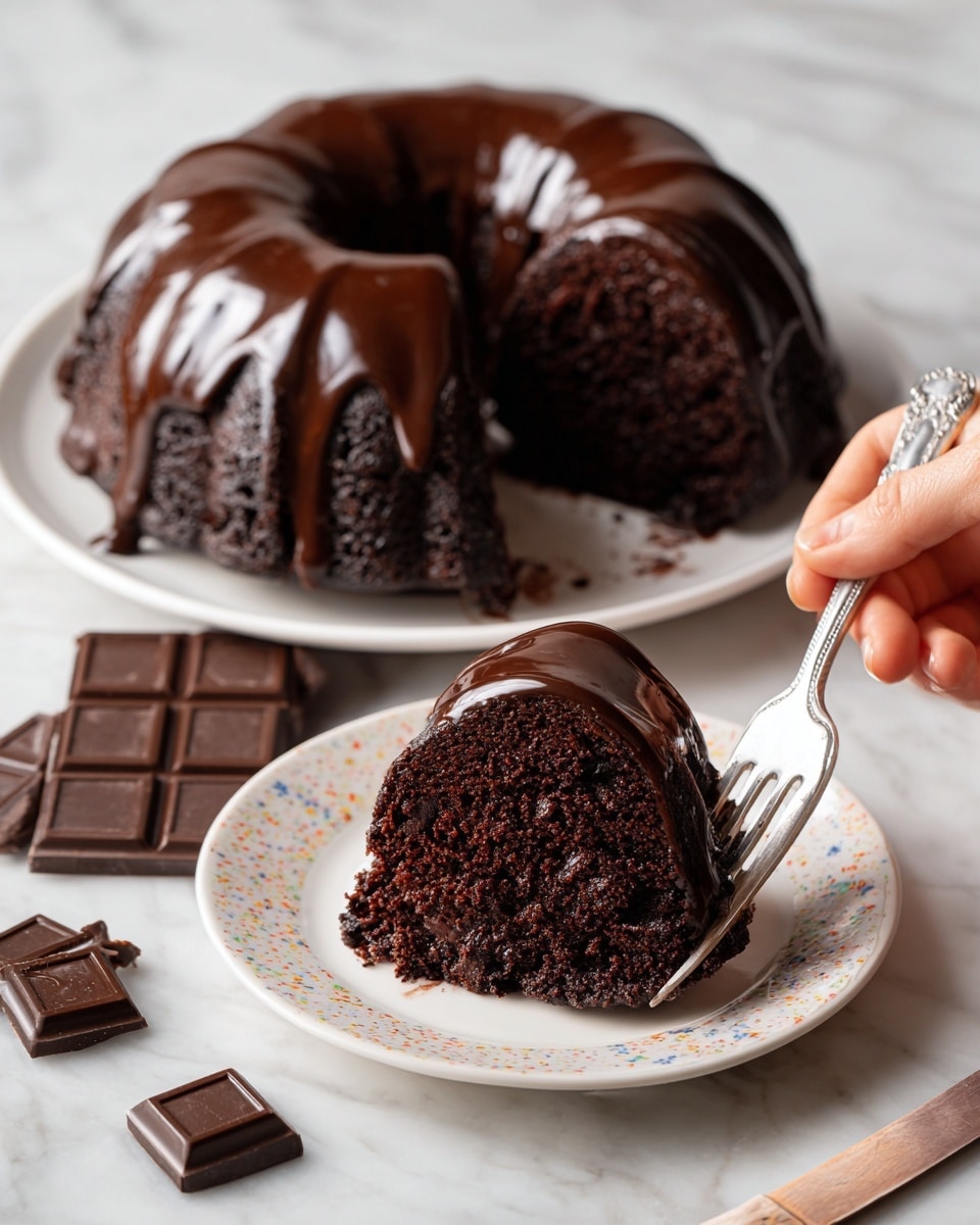 A slice of chocolate cake with three visible layers is shown on a white plate. The layers are dark brown with a moist, crumbly texture, and there is a thin layer of smooth chocolate frosting between each cake layer. The top of the cake slice is covered with a thick, glossy chocolate glaze that drips slightly down the sides. The plate is surrounded by fresh cherries and blackberries, with a white marbled surface in the background. Photo taken with an iphone --ar 4:5 --v 7