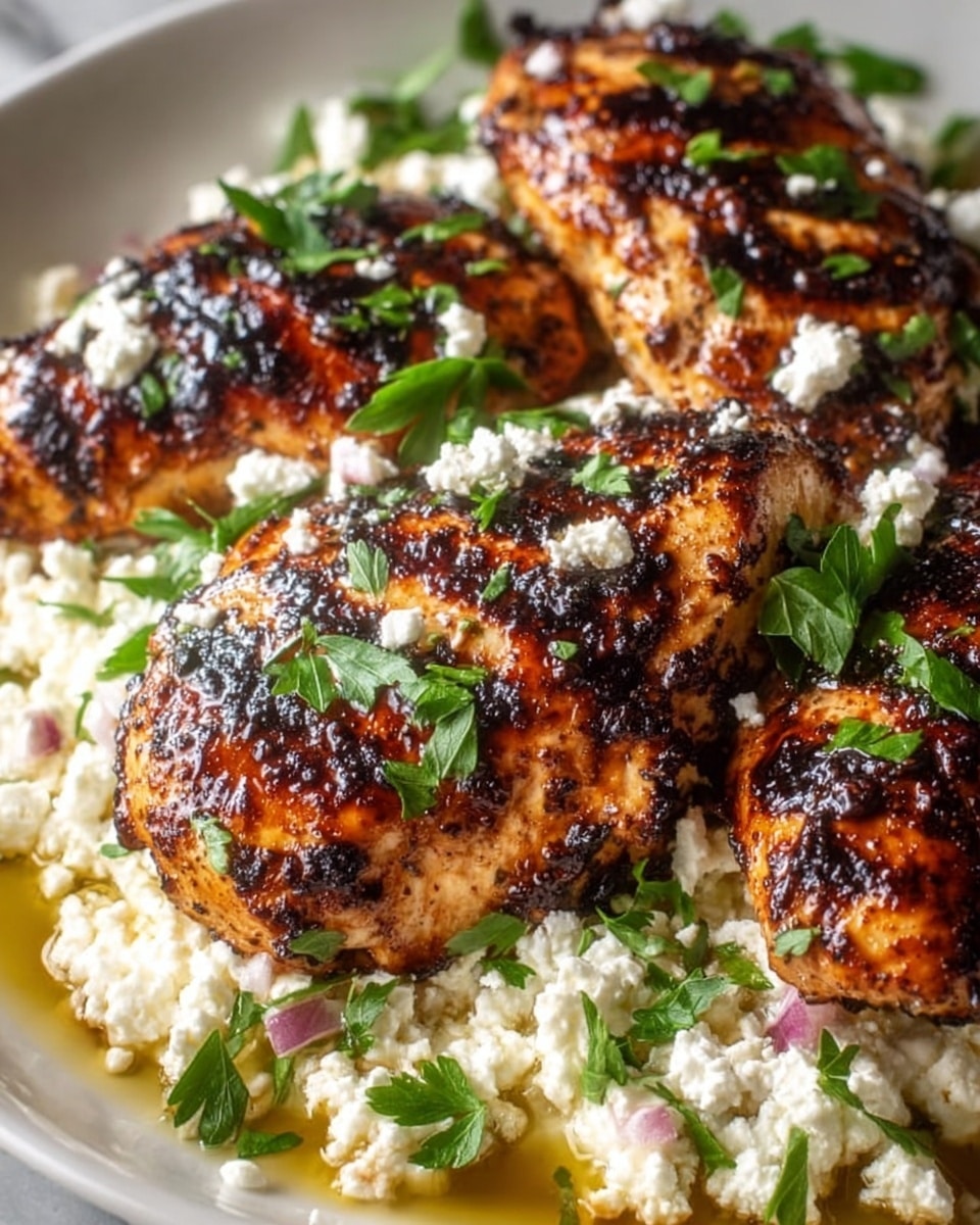 The image shows a white plate with four grilled chicken pieces on top. The chicken has a golden brown color with charred grill marks, giving a slightly rough texture. Around the chicken, there is a yellow oily sauce that partially covers the plate. White, crumbly cheese is scattered generously over the chicken and sauce, adding a soft texture contrast. Small green herbs are sprinkled across the dish, adding bright green spots and a fresh look. The plate rests on a white marbled background. photo taken with an iphone --ar 4:5 --v 7