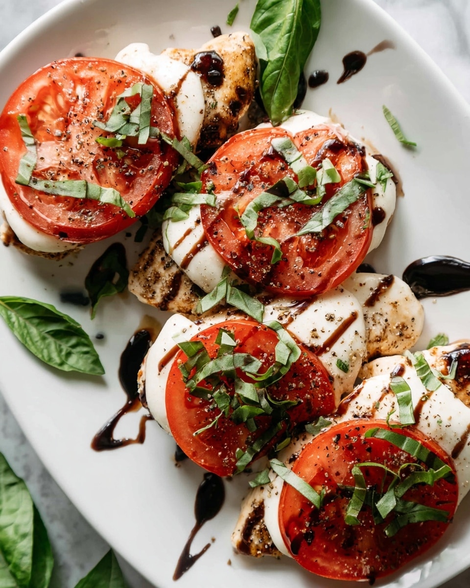 A white plate holds four pieces of grilled chicken breast, each topped with one thick white layer of mozzarella cheese, two bright red tomato slices, and scattered green basil leaves. Dark balsamic glaze is drizzled over the top, adding contrast with its glossy, deep brown texture. The plate sits on a white marbled surface with a small white jug filled with balsamic glaze nearby and a green cloth partially visible at the bottom right. Some basil leaves and black pepper flakes are sprinkled around the plate for extra detail. Photo taken with an iphone --ar 4:5 --v 7