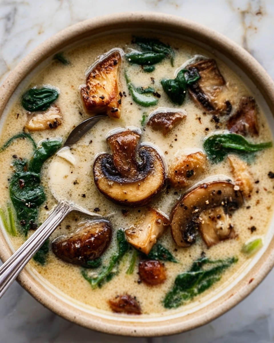 The image shows a white bowl filled with creamy soup. The soup has a light beige color with small pieces of green kale distributed throughout. On top, there are several slices of cooked brown mushrooms placed in the center along with some sautéed onions. The kale pieces are fresh and slightly curly, adding a green contrast to the creamy base. The bowl is sitting on a white marbled surface, and the photo is taken with an iphone --ar 4:5 --v 7