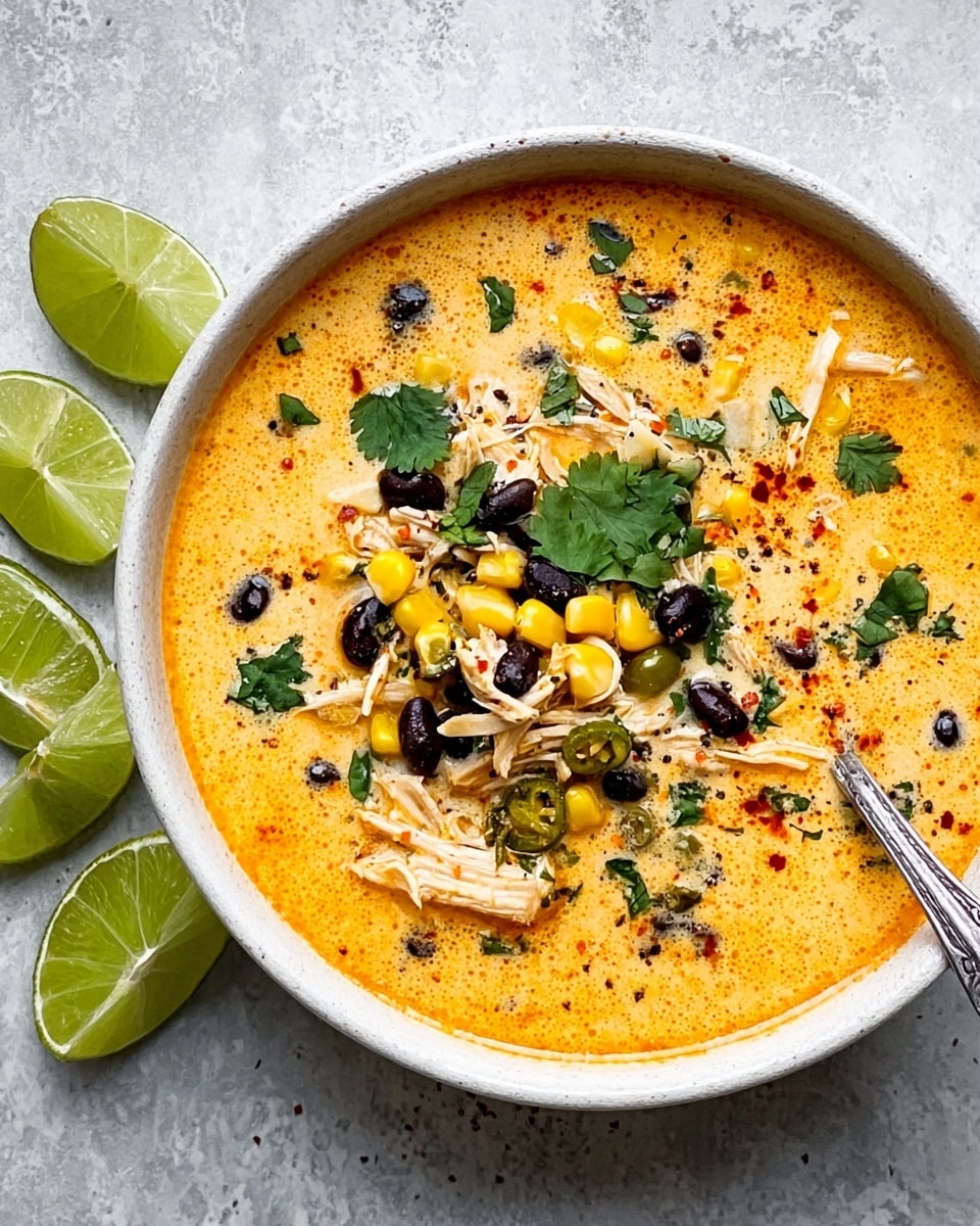 A white bowl filled with creamy orange soup layered with shredded white chicken pieces, black beans, and bright yellow corn kernels spread throughout. Small chunks of green jalapeño peppers and fresh cilantro leaves sit on top and within the soup, adding pops of green color. Tiny red oil droplets and black pepper specks float on the surface. A silver spoon rests inside the bowl on the right side. Three lime halves lie on a white marbled surface next to the bowl. photo taken with an iphone --ar 4:5 --v 7