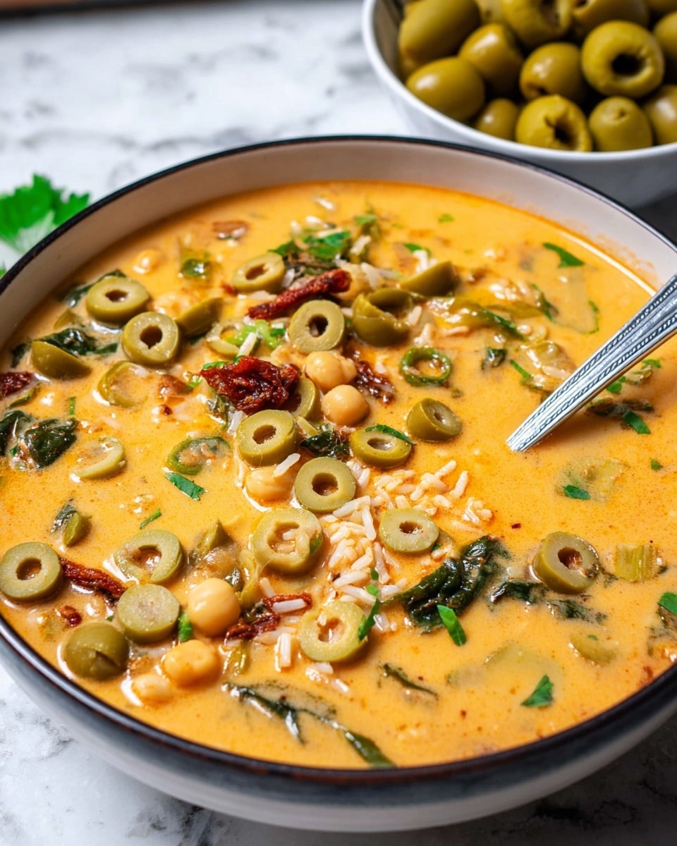 A close-up of a bowl of creamy orange soup with green olive slices floating on top, mixed with small chickpeas and bits of spinach leaves scattered throughout. The soup also shows pieces of sun-dried tomato and some small grains of rice visible under the surface. The bowl is white with a dark rim and contains a silver spoon resting inside. In the background, there is a white bowl filled with whole green olives and a cracker on a white marbled surface. photo taken with an iphone --ar 4:5 --v 7