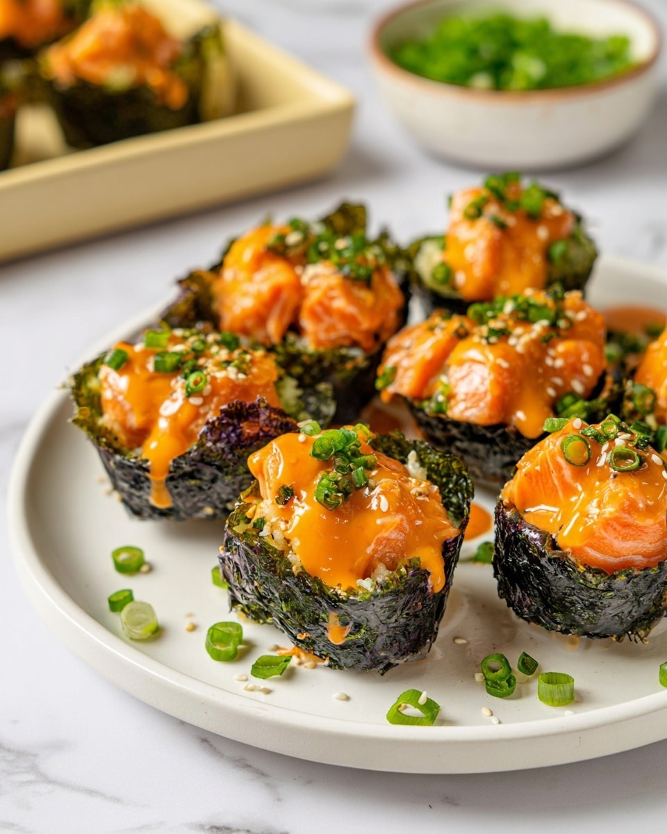 The image shows eight small seaweed cups placed on a white plate with a slight speckled pattern, all sitting on a white marbled surface. Each cup has a dark green, crispy seaweed shell holding a base layer of white rice, topped with chunks of cooked orange-pink fish, likely salmon. The fish pieces are coated with a bright orange sauce that looks creamy and slightly glossy. Scattered over the top are small green onion slices and sesame seeds, adding texture and color contrast. In the background, a white bowl filled with more green onions and a beige muffin tin with additional seaweed cups can be seen slightly out of focus. Some green onion slices are also scattered on the surface around the plate. photo taken with an iphone --ar 4:5 --v 7