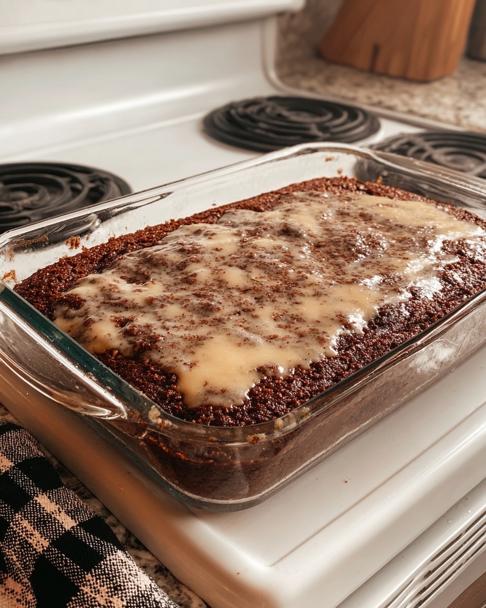 A clear glass rectangular baking dish holds a single thick layer of moist dark brown cake with a sticky texture on top. The cake’s surface is covered unevenly with a creamy, light beige sauce that soaks into parts of the cake, creating a glossy and slightly bubbly finish. The dish is placed on a white stove with visible coil burners and sits next to a beige countertop. A black and white plaid cloth is draped over a handle near the stove. The background features a white marbled texture. photo taken with an iphone --ar 4:5 --v 7