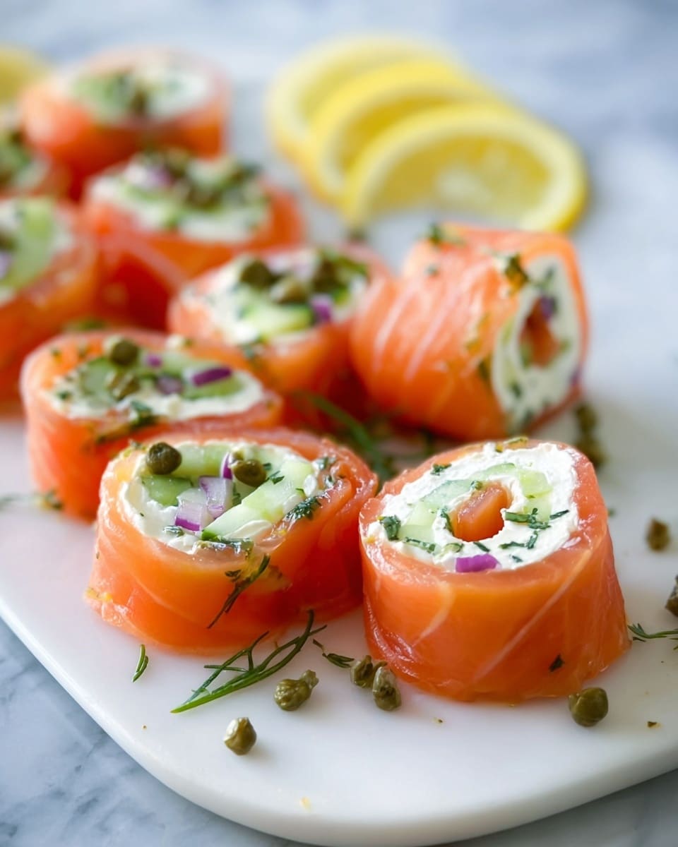 A flat layer of light pink smoked salmon is spread out on a white marbled surface, topped almost fully with a creamy white layer of soft cream cheese. On one side of the salmon, near the edge, there is a pile of thin, long slices of bright green cucumber with dark green skin visible, arranged in a small pile lengthwise across the salmon. The colors contrast clearly, with the cream cheese smooth and thick, the salmon shiny and slightly translucent, and the cucumbers fresh and crisp. Photo taken with an iphone --ar 4:5 --v 7