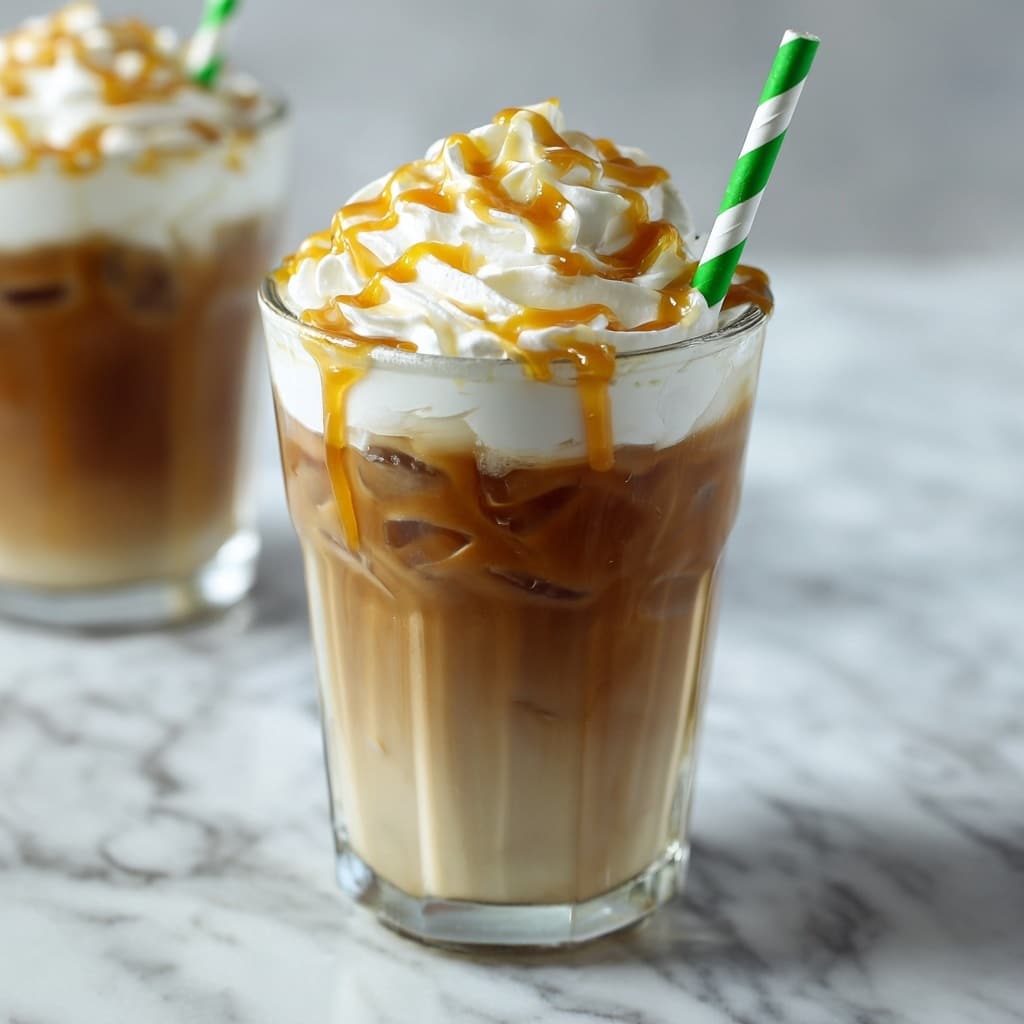 A clear plastic cup filled with a creamy, light brown blended drink, topped with a large swirl of white whipped cream, drizzled with golden caramel syrup that flows down the inside of the cup. A green and white striped straw is inserted on the right side of the whipped cream. The background is a white marbled texture with a blurred second cup of the same drink behind it. photo taken with an iphone --ar 4:5 --v 7
