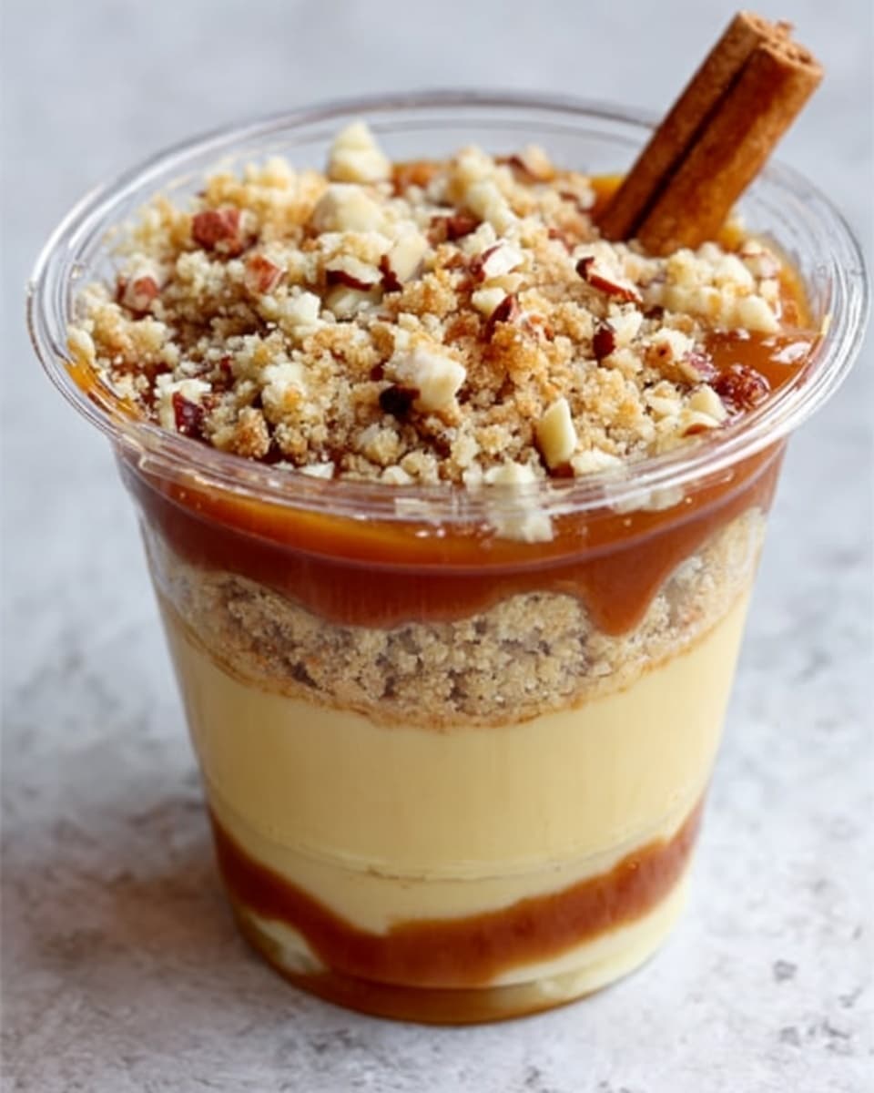 A small clear glass jar filled with multiple layers of dessert, starting with a creamy off-white base, followed by a golden-brown crumbly layer, then a light caramel colored smooth layer, topped again with cream, and finished with a thick crumble of golden brown streusel. A woman's hand is holding a silver spoon above the jar, lifting a scoop showing cream and crumble. The jar sits on a white marbled surface, with two more similar jars blurred in the background and vintage silver spoons to the right, along with a cloth napkin with red stripes. photo taken with an iphone --ar 4:5 --v 7