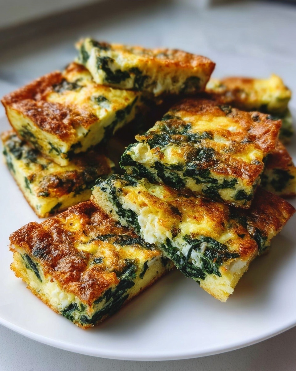 The image shows several square pieces of baked spinach and cheese frittata arranged on a simple white plate. Each piece has a crispy golden-brown top layer with visible textured bits of melted cheese and browned edges. Underneath, a green layer of cooked spinach is spread evenly throughout, mixed into the creamy yellow egg base, giving the pieces a marbled look of green and light yellow. The frittata squares have a soft and slightly crumbly texture with some browned crispy spots, stacked closely with the front pieces in sharp focus and the background softly blurred. The plate sits on a white marbled surface with natural light highlighting the warm colors and textures of the dish. photo taken with an iphone --ar 4:5 --v 7