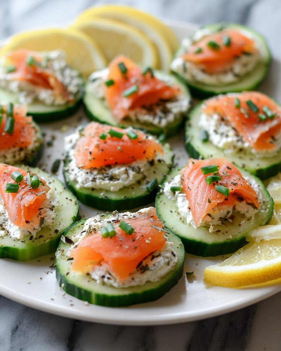 The image shows several cucumber rounds topped with a thick layer of creamy white spread, each garnished with a piece of light orange smoked salmon folded gently on top. Tiny green chive pieces are scattered over the salmon and spread, adding a fresh touch. The cucumber slices are arranged on a light wooden board with a few lemon wedges placed among them. The background is a soft, white marbled surface with a pale green textured cloth partially visible. The setup looks fresh and inviting, with natural light highlighting the colors and textures. Photo taken with an iphone --ar 4:5 --v 7
