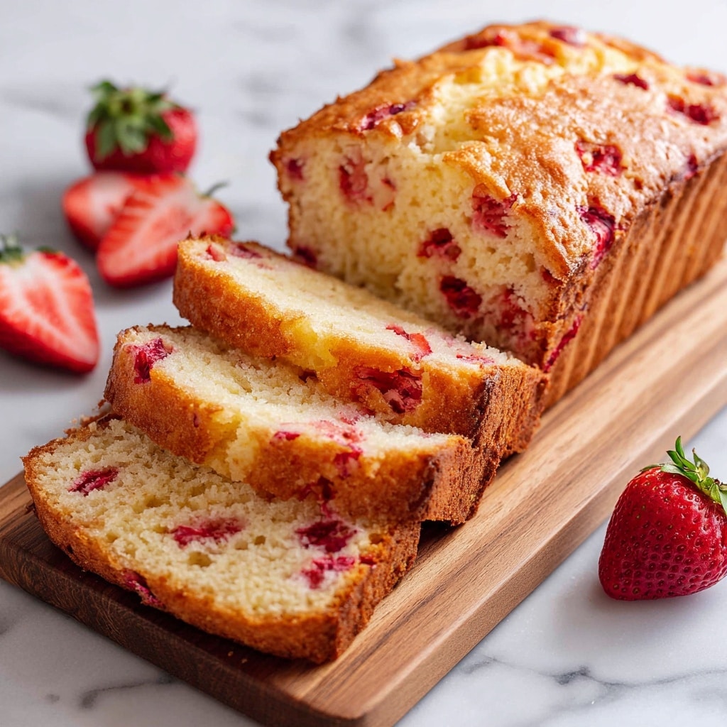 The image shows three thick slices of strawberry bread with a rough, golden-brown crust and a soft crumb filled with small chunks of pink strawberries. The bread has a light beige inside with red spots of fruit evenly mixed throughout. Two whole fresh strawberries sit to the side on a white marbled surface. The texture looks moist and crumbly, with some crumbs around the slices. The photo taken with an iphone --ar 4:5 --v 7