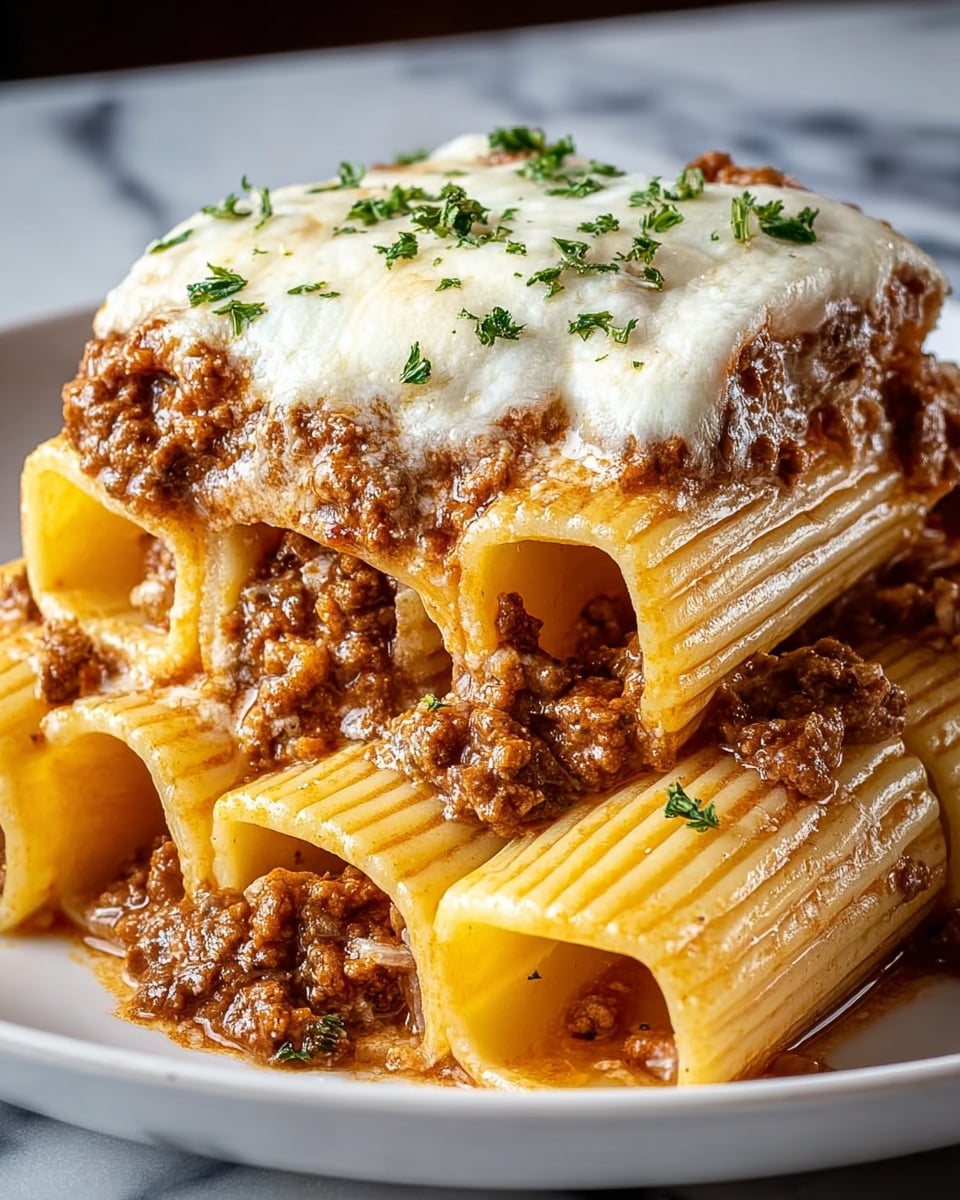 The dish shows a stack of six large rigatoni pasta tubes filled generously with a rich brown meat sauce and placed in two layers on a white plate. On top of the pasta is a layer of melted mozzarella cheese that is white and creamy, sprinkled with small bits of green parsley. The rigatoni outer parts have a golden yellow color and a ridged texture. The meat sauce is thick, chunky, and moist, slightly spilling around the pasta edges. The background is a white marbled surface. photo taken with an iphone --ar 4:5 --v 7