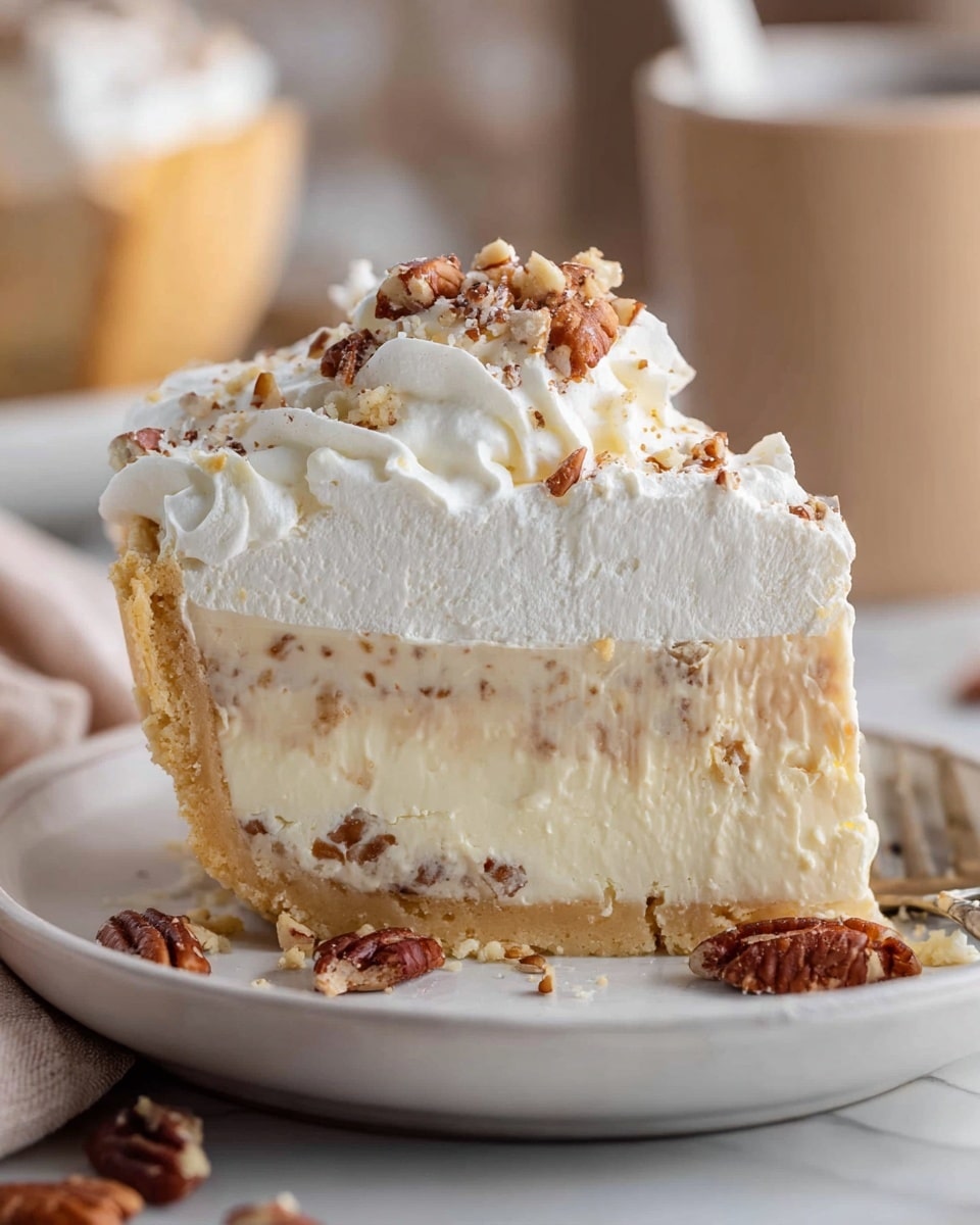 A slice of cream pie is being lifted with a pie server from a white pie dish, showing three visible layers; the bottom layer is a golden, flaky crust with a crimped edge, the middle layer is a thick, creamy filling with small bits of nuts mixed inside giving it a textured beige look, and the top layer is a thick, fluffy white whipped cream generously spread and topped with chopped pecans scattered over the surface. The background shows a blurred wooden bowl on a white marbled texture. photo taken with an iphone --ar 4:5 --v 7