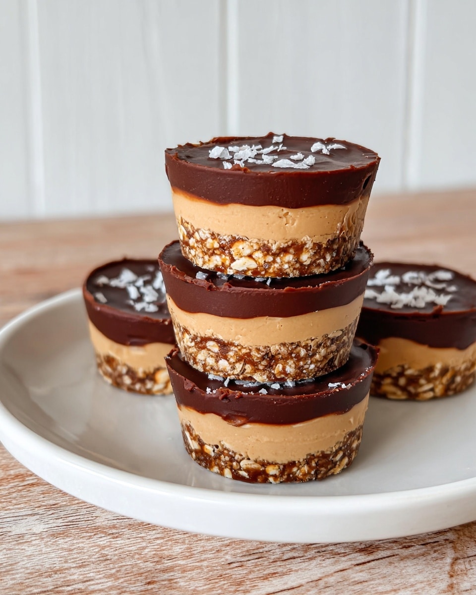 The image shows several round, three-layered treats stacked and arranged on a white plate, which sits on a wooden surface with a white marbled texture background. Each treat has a bottom layer made of a chunky light brown oat mixture, a middle layer of smooth, creamy peanut butter with a tan color, and a thick top layer of dark brown chocolate. The top chocolate layer is shiny and sprinkled with small flakes of sea salt, adding a slight texture contrast. Three treats are stacked in the center of the plate, with others laid around them. Photo taken with an iphone --ar 4:5 --v 7