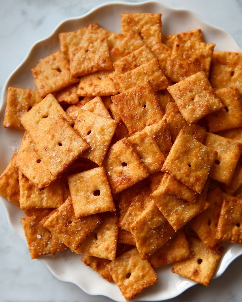 A white plate filled with many golden brown square crackers, each cracker showing a slightly rough texture and small holes in the center, with some visible salt sprinkled on top. The crackers are piled high and overlapping each other, giving a sense of a crunchy, savory snack. The background shows a white marbled texture. photo taken with an iphone --ar 4:5 --v 7