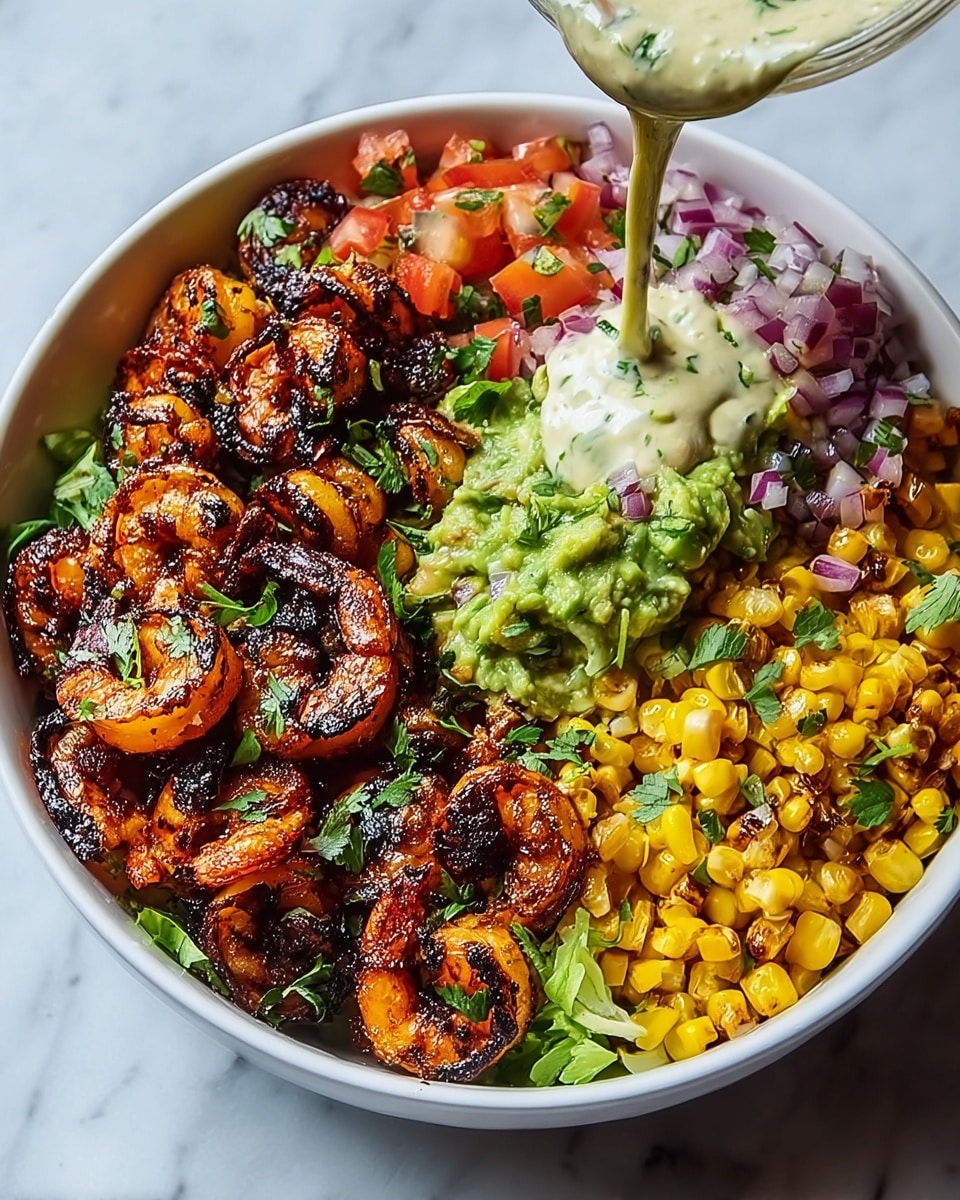 A white bowl filled with four distinct layers of food is shown. The bottom layer appears to be a mix of diced red onions, tomatoes, and cilantro with a fresh, green leafy base slightly visible. On the right side, there is a bright yellow corn salad mixed with small pieces of red onion and herbs. Next to the corn, there is a chunky green guacamole with avocado slices and chopped cilantro. On the left side, there is a heap of grilled shrimp, darkly charred with a rich orange-brown color and sprinkled with herbs. Creamy sauce with herbs is being poured over the guacamole from above. The image has a white marbled surface background. photo taken with an iphone --ar 4:5 --v 7