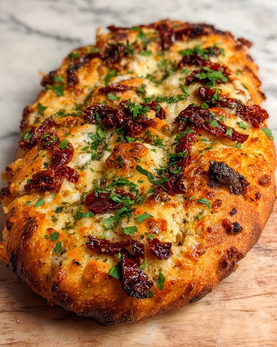 A thick oval pizza with a dark golden-brown crust that is slightly charred at the edges, topped with a layer of melted, bubbly light yellow cheese that has a few browned spots. Scattered on top are small pieces of dark red sun-dried tomatoes and finely chopped green herbs, adding color and texture. The pizza rests directly on a wooden chopping board with a warm tone and an uneven surface. Some small herb pieces are sprinkled around the pizza. The photo taken with an iphone --ar 4:5 --v 7