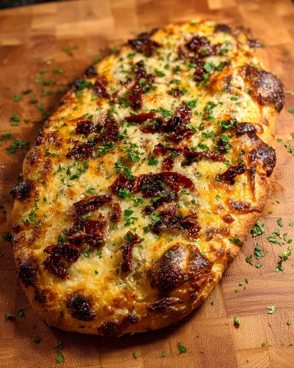 A thick, oval-shaped bread with a golden-brown crust sits on a white marbled surface, covered in melted cheese that is bubbly and slightly browned in spots. Scattered richly on top are dark red sun-dried tomatoes, adding pops of deep color, and fresh bright green chopped herbs sprinkled over the cheese and tomatoes. The bread's edges are crispy, showing some charred bits, while the center looks soft and cheesy with an inviting texture. Photo taken with an iphone --ar 4:5 --v 7